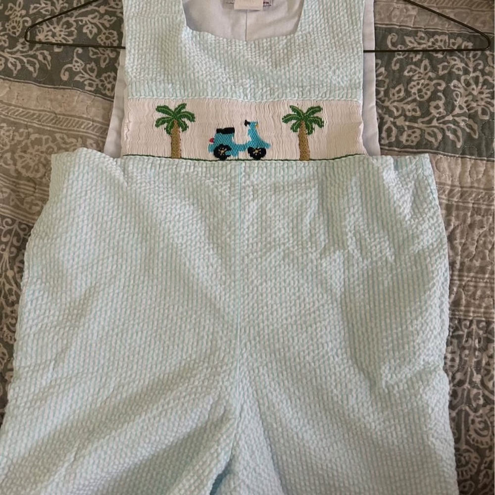Light Blue Seersucker Overalls with Palm Tree Embroidery